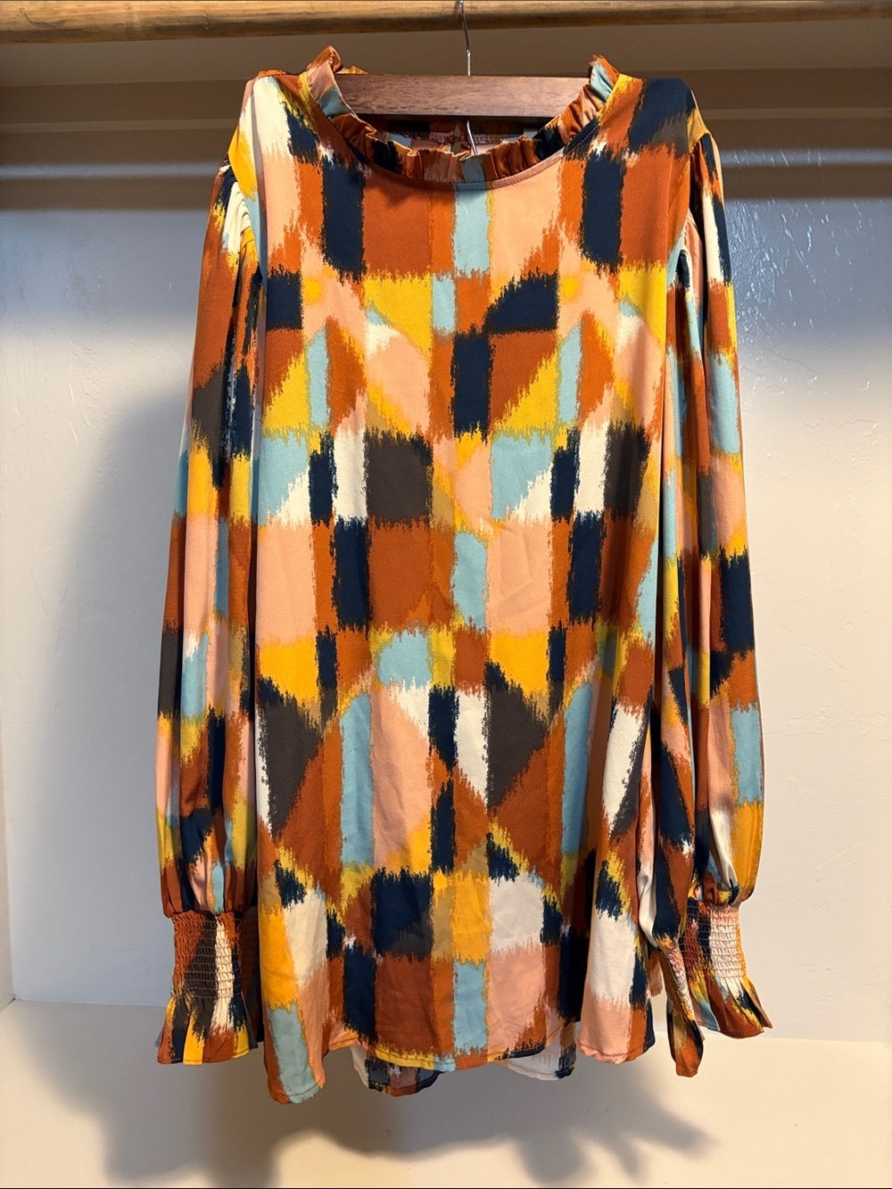 JODIFL Geometric Patchwork Blouse in Rust, Mustard & Navy